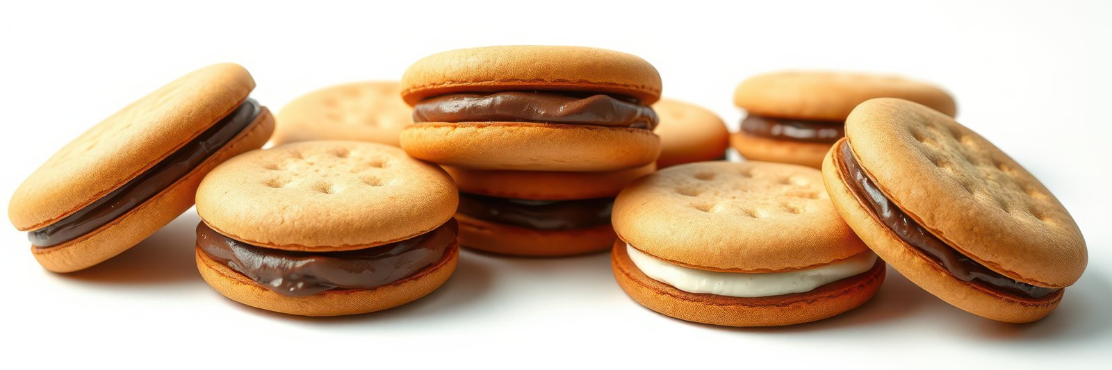 Delicious cookie sandwiches filled with chocolate and cream arranged on a white background